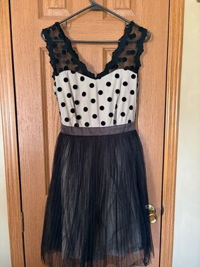 Ryu Black and Cream Polka Dot Midi Tulle Dress